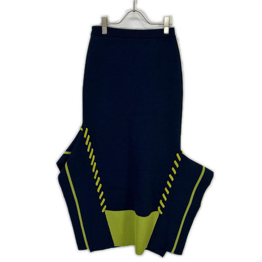 2024 Navy x Neon Yellow Wool Blend Point Stitch Skirt 36 Women's