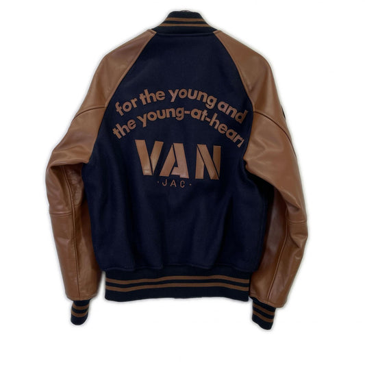 VAN JACKET JW-19502 海军蓝×棕色 羊毛×皮革 水牛皮拼接棒球夹克