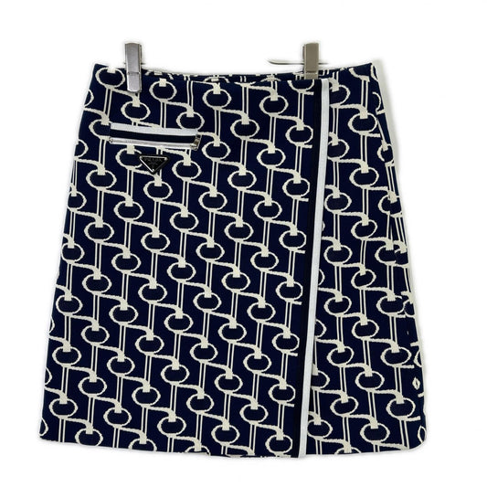 PRADA プラダ P114P 19年 ブルー×ホワイト トライアングルロゴプレート ニットジャガード総柄ラップスカート スカート