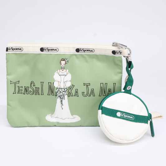 LeSportsac 丽丝包 【美品】1170HE81 蝴蝶结70周年纪念 天使不曾存在 WRISTLET POUCH W/CHARM 腕带式尼龙包 3件套 化妆包