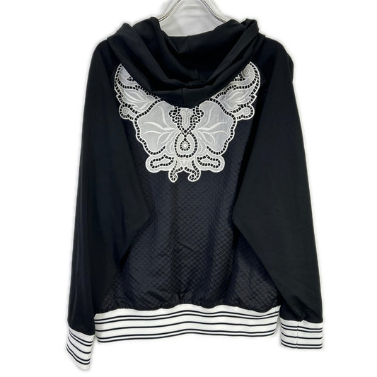 HJ1607 Black x White Waffle Contrast Zip-up Hoodie Top M Women's