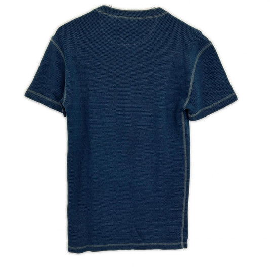 RRL Double RL MNRRKNI1N820005 Indigo Honeycomb Waffle Knit Cotton Real Indigo Dye Rinse Process Corozo Button Henley Neck Shirt Tops