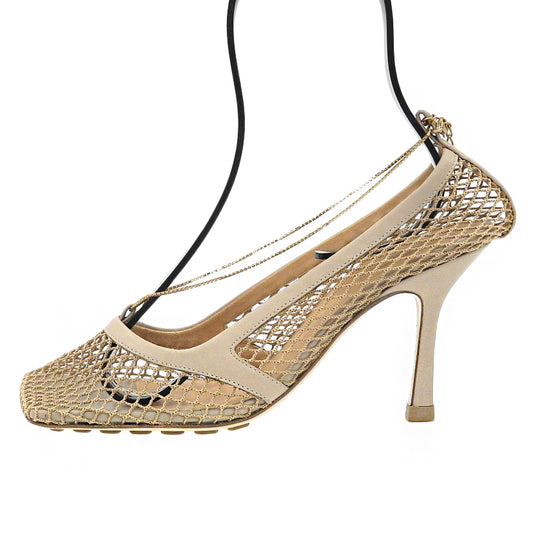 BOTTEGA VENETA ボッテガヴェネタ 美品 メッシュ×レザー スクエアトゥストレッチチェーンパンプス シューズ ベージュ 36 1/2 578321 シューズ