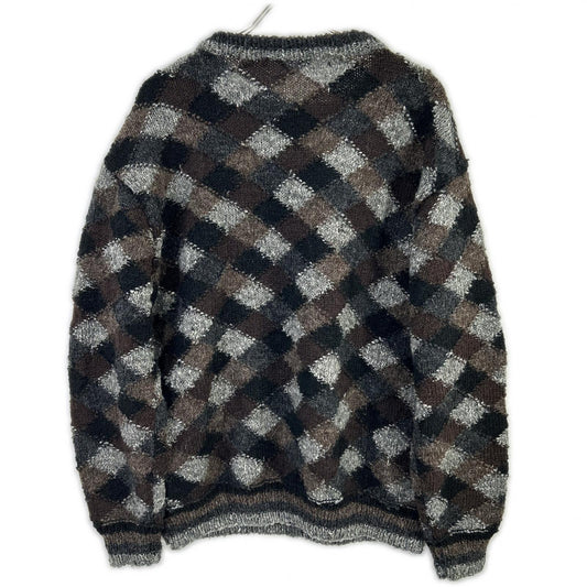 NONSAPIENS ノンサピエンス ブラウン×グレー ウール100 チェッククルーネックニット トップス
