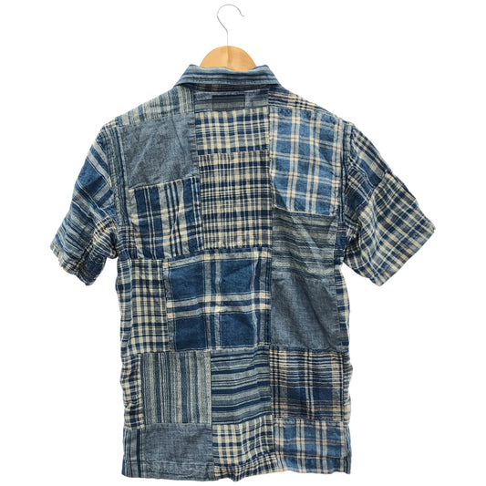 RRL ダブルアールエル 782959642001 インディゴ コットン×リネン チェック/ストライプショートスリーブ パッチワークキャンプカラーシャツ トップス