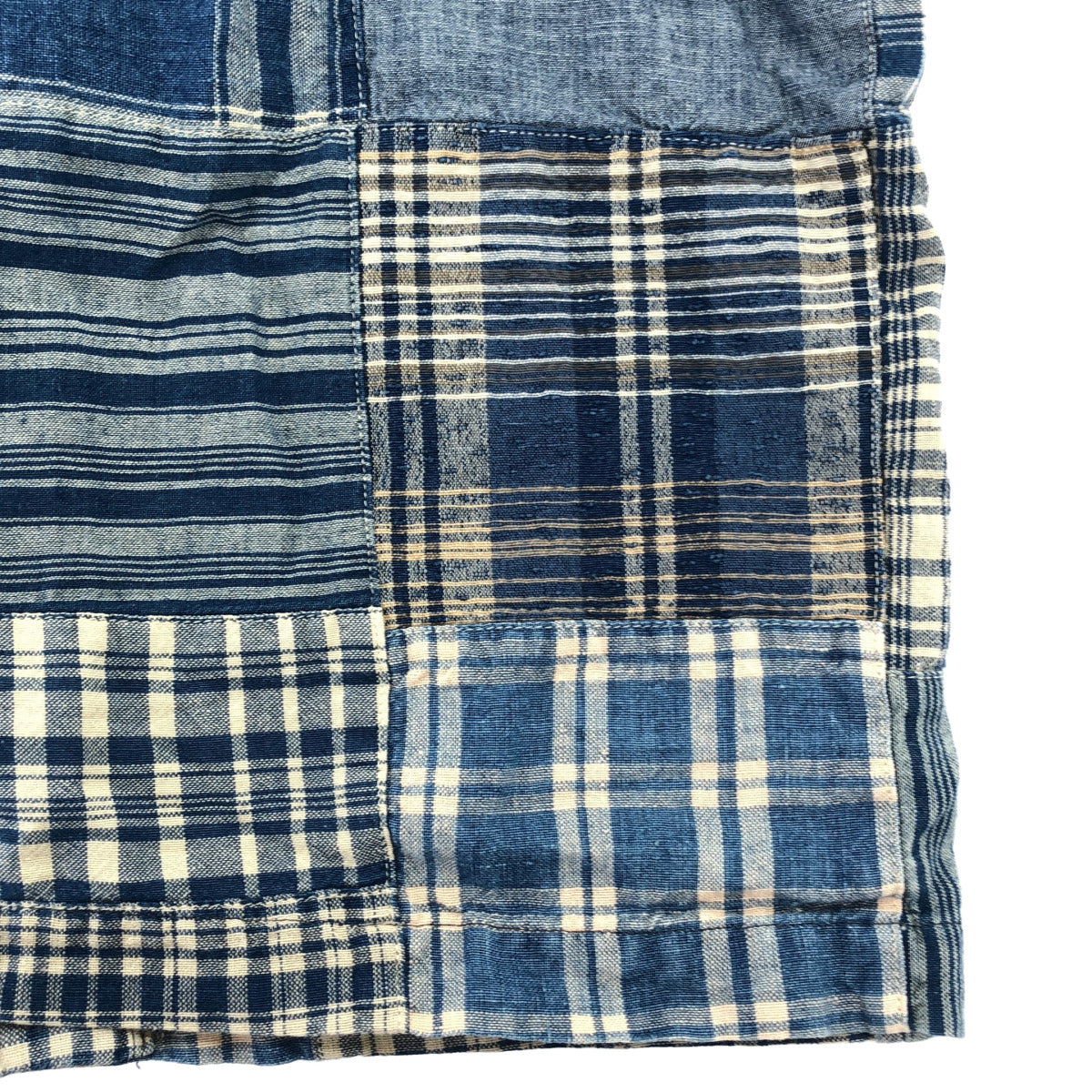 RRL ダブルアールエル 782959642001 インディゴ コットン×リネン チェック/ストライプショートスリーブ パッチワークキャンプカラーシャツ トップス