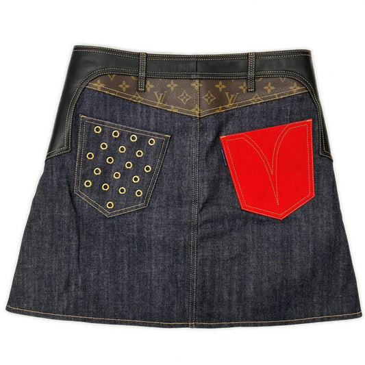 LOUIS VUITTON ルイヴィトン FEJB01FGK ブルー デニム×レザー モノグラム フロントボタン スカート スカート
