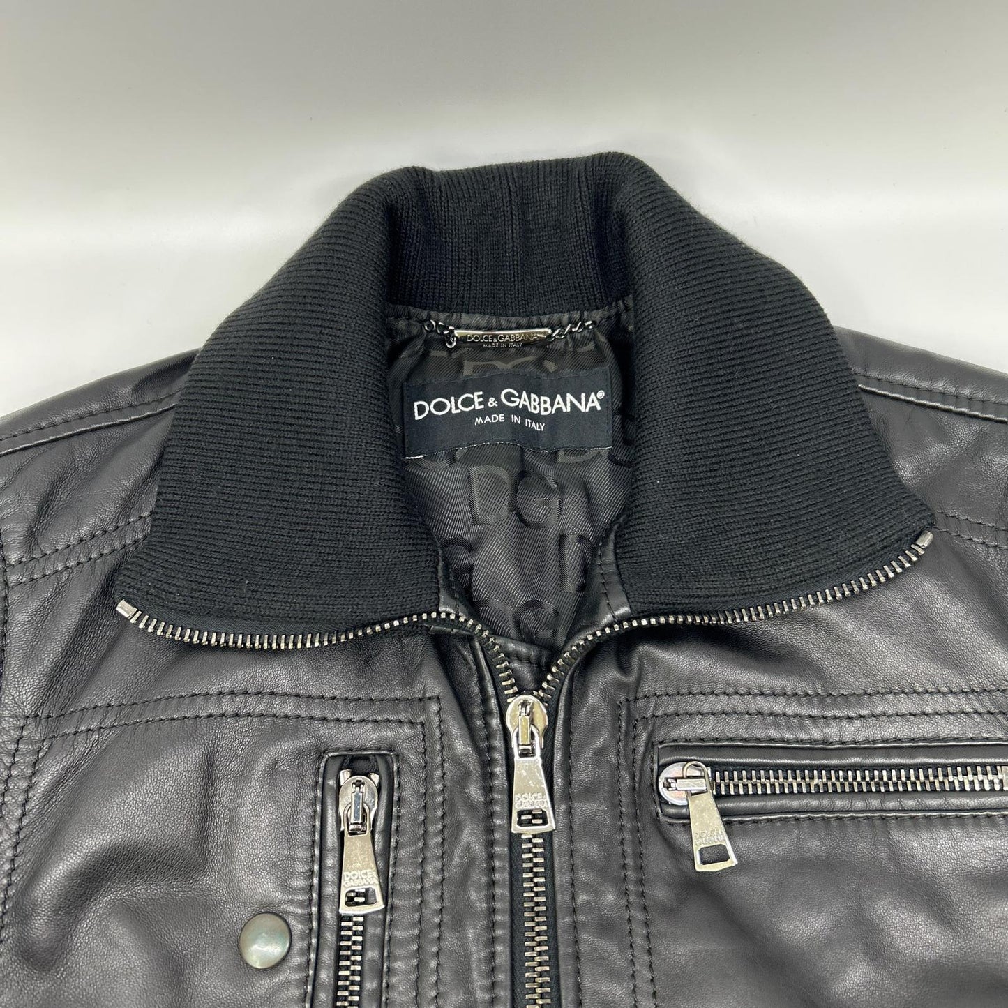 DOLCE&GABBANA ドルチェアンドガッバーナ G9500L ブラック レザー リブニット ジップアップジャケット ジャケット