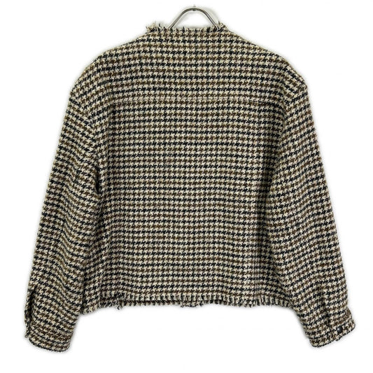 ASH アッシュ トリコカラー ハウンドトゥース フリンジ ツイードノーカラージャケット ジャケット