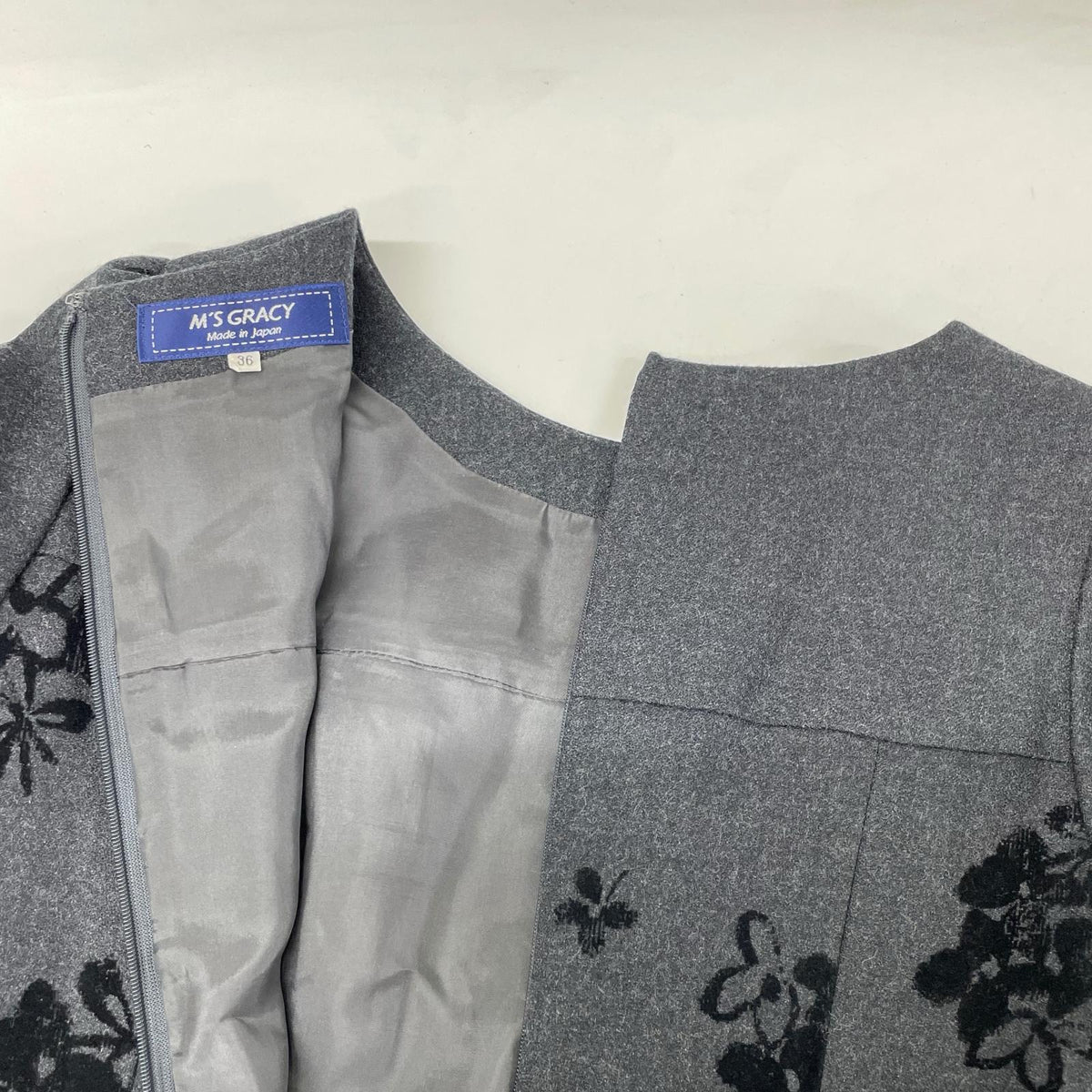 M'S GRACY NF-911712 Gray Wool Floral-Pattern Dress Dress