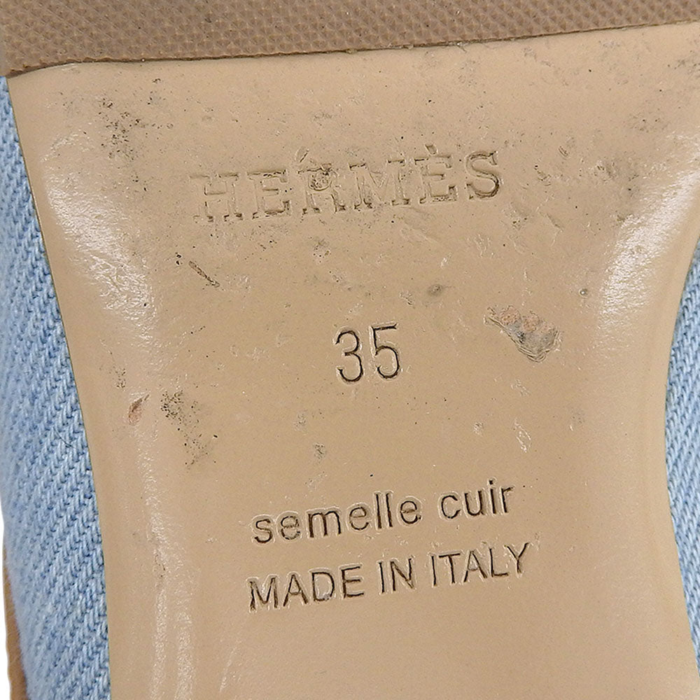 HERMES エルメス デニム×レザー グルーピー スクエア トゥ ミュール シューズ レディース ライトブルー×ブラウン 35 シューズ
