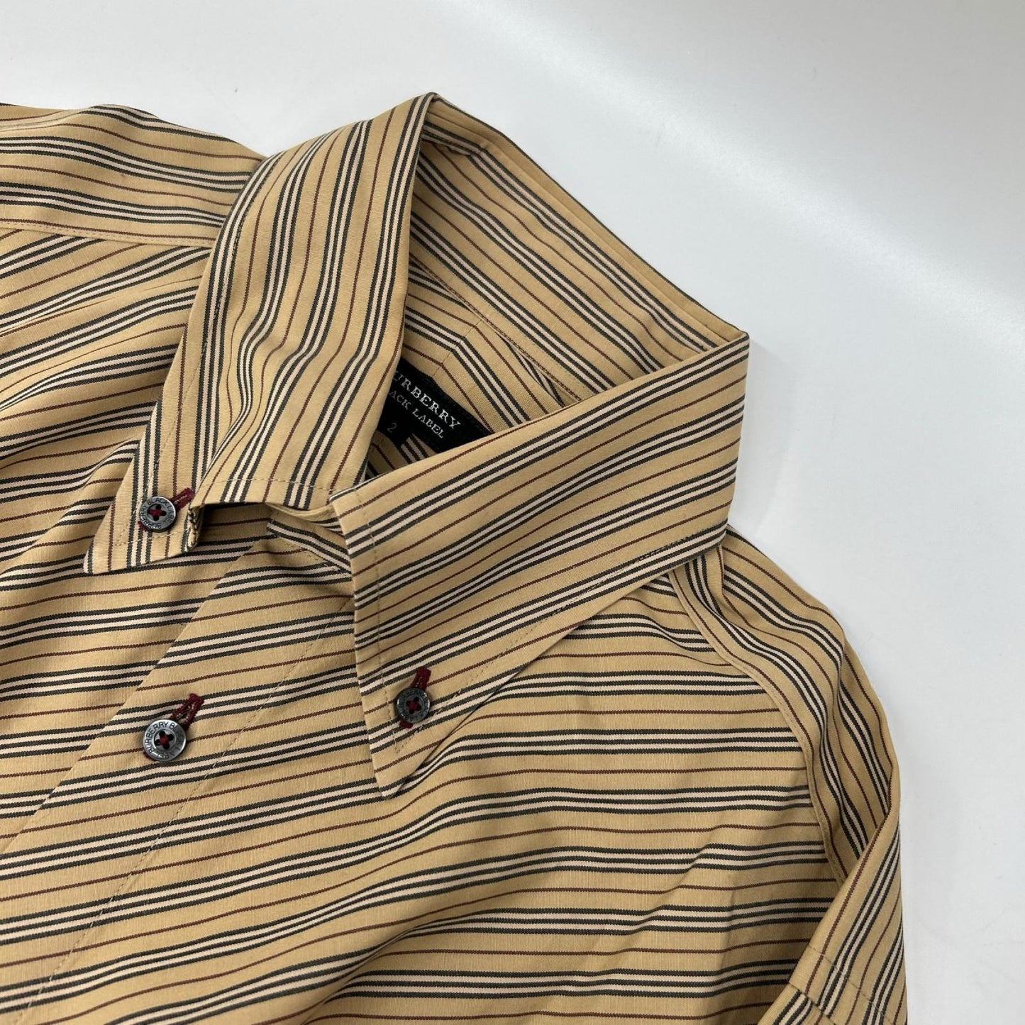 Burberry Black Label バーバリーブラックレーベル BMW07-470-44 ベージュ コットン ロゴ刺繍 ダイアナゴルストライプ ボタンダウンシャツ トップス