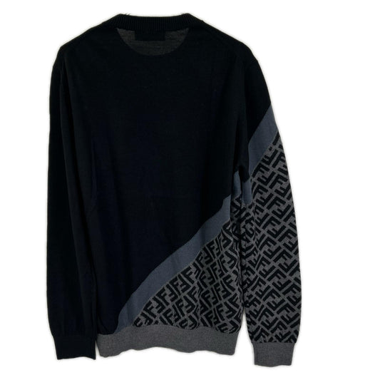 FENDI フェンディ FZX091 AQKW 23AW ブラック ウール アシンメトリーズッカ柄 FF クルーネックニット トップス