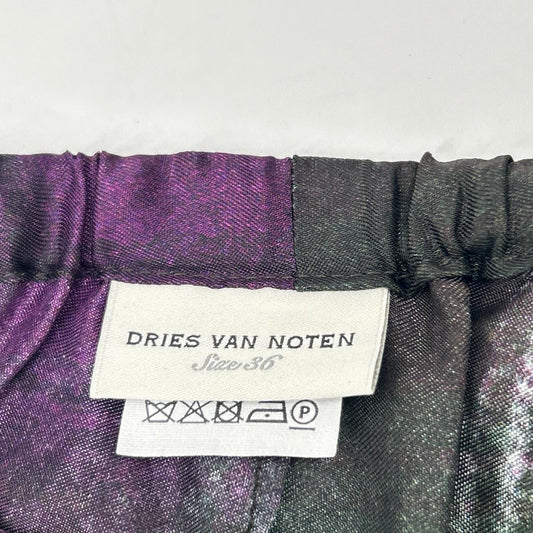 DRIES VAN NOTEN ドリスヴァンノッテン グリーン×パープル ビスコース ドローストリング チェックデザインイージーワイドパンツ ボトムス