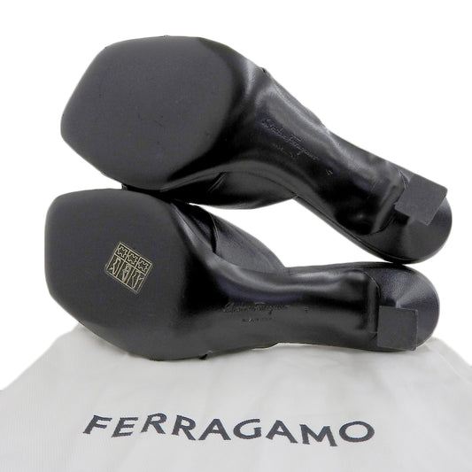 Salvatore Ferragamo サルヴァトーレフェラガモ 美品 レザー ヴァラ ボウ ヒール スライドサンダル シューズ レディース 黒 ブラック 4 シューズ