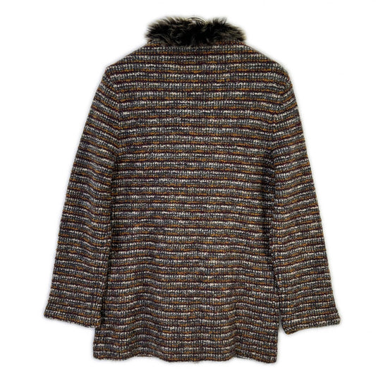 MISSONI ミッソーニ ブラウン計 マルチカラー ウールモヘア混 ファー付き ノーカラー ニットコート コート