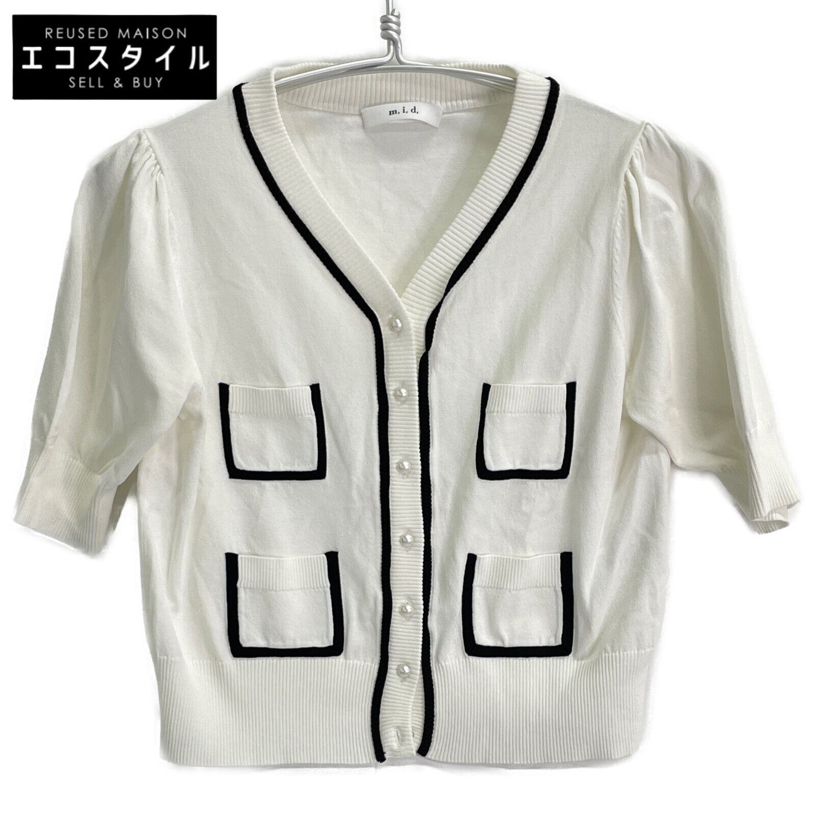 m,i,d, MID White Bicolor Short Sleeve Knit Cardigan Top 36 Ladies