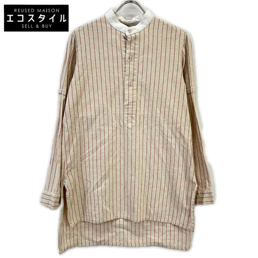 BEIGE STRIPE BAND COLLAR LONG SHIRT TOP S MEN'S