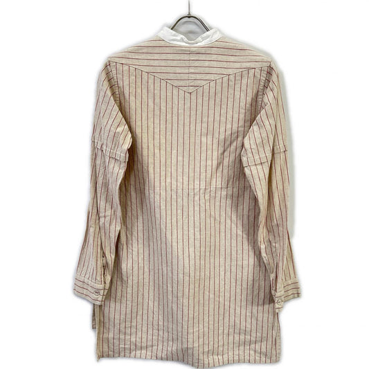 BEIGE STRIPE BAND COLLAR LONG SHIRT TOP S MEN'S