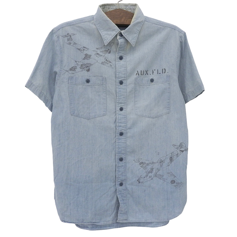 Fighter Jet Print Open Collar Shirt Tops Men's Light Blue M