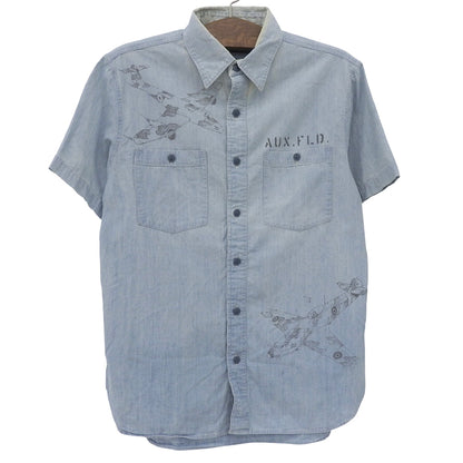 Fighter Jet Print Open Collar Shirt Tops Men's Light Blue M