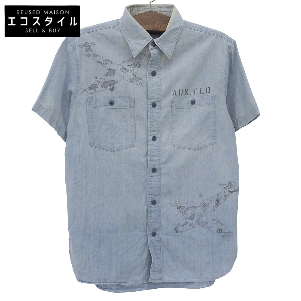 Fighter Jet Print Open Collar Shirt Tops Men's Light Blue M