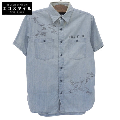 Fighter Jet Print Open Collar Shirt Tops Men's Light Blue M