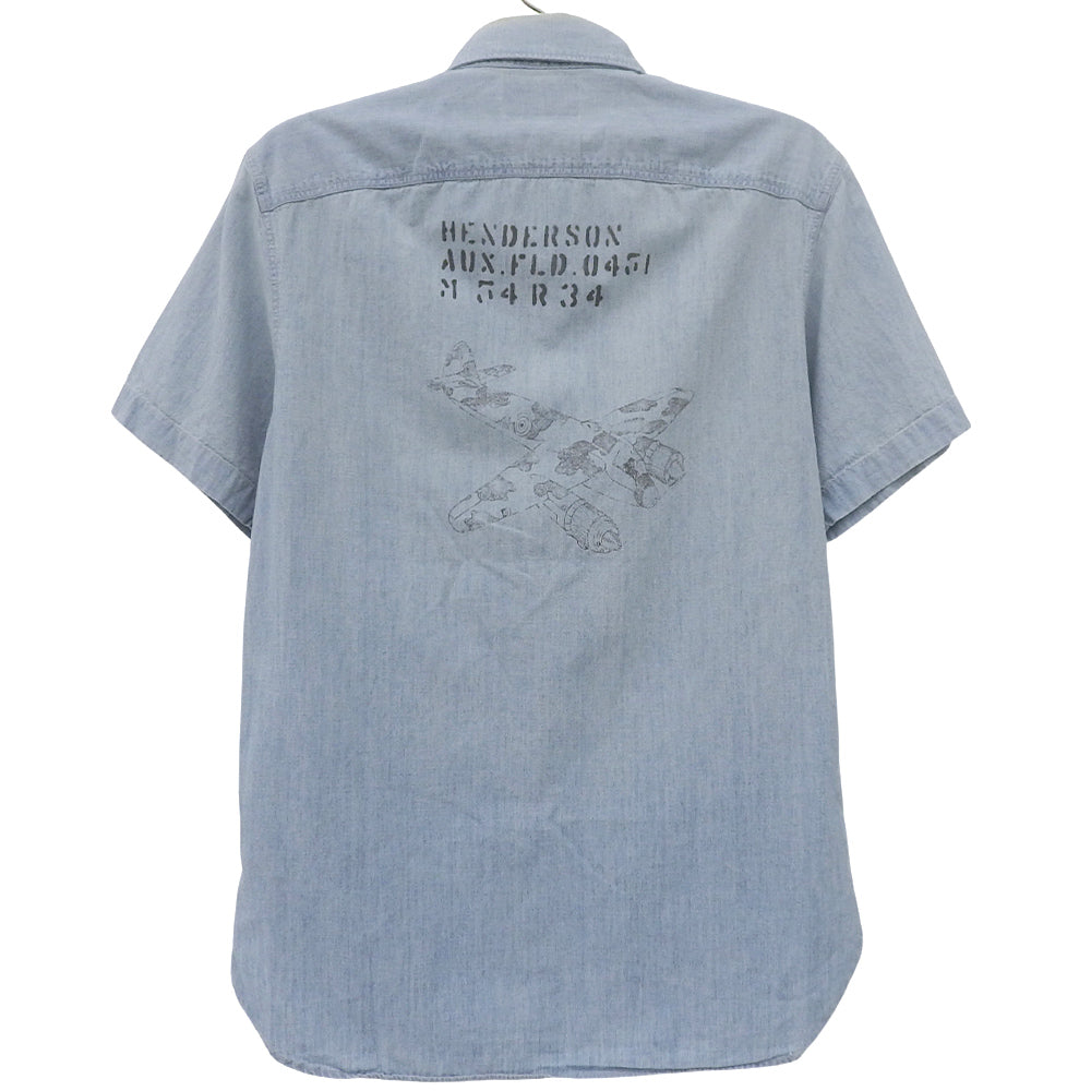 Fighter Jet Print Open Collar Shirt Tops Men's Light Blue M