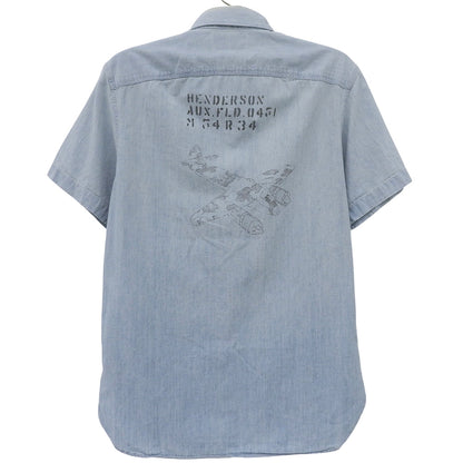 Fighter Jet Print Open Collar Shirt Tops Men's Light Blue M