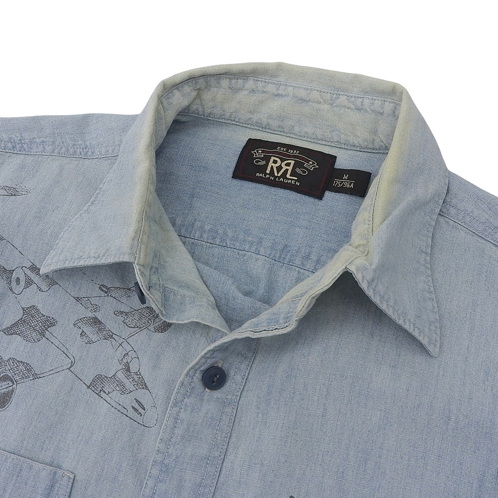 Fighter Jet Print Open Collar Shirt Tops Men's Light Blue M