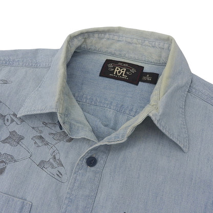 Fighter Jet Print Open Collar Shirt Tops Men's Light Blue M