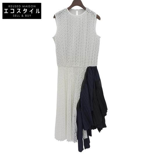 sacai Cotton Pleated Lace Dress Women's White x Navy 2 2017 Model Dress