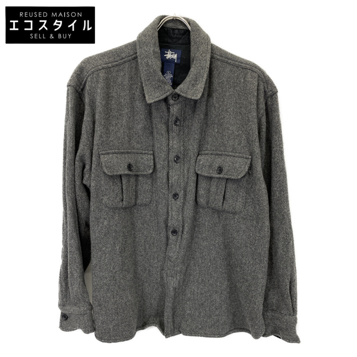 Gray Navy Tag Wool Long-Sleeve Shirt Top L Men's