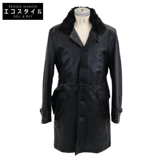 Burberry Black Label バーバリーブラックレーベル ブラック ラビットファー付き ラムレザー シングルトレンチコート コート