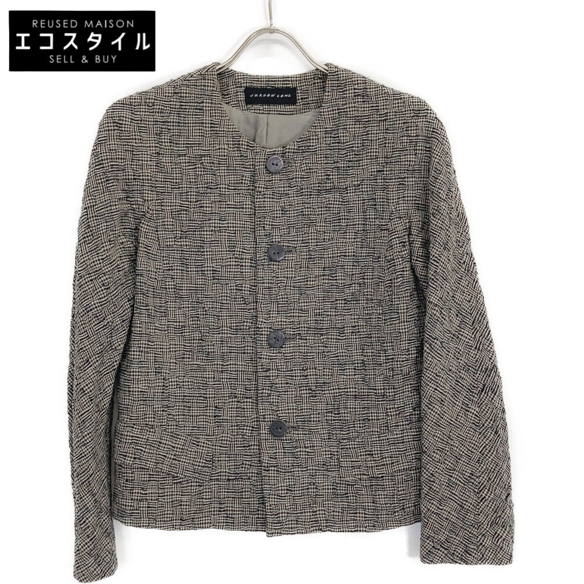 JURGEN LEHL Grey Plaid Silk x Wool Collarless Jacket
