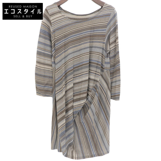 Linen-Cotton Striped Asymmetrical Dress for Women - Brown, M