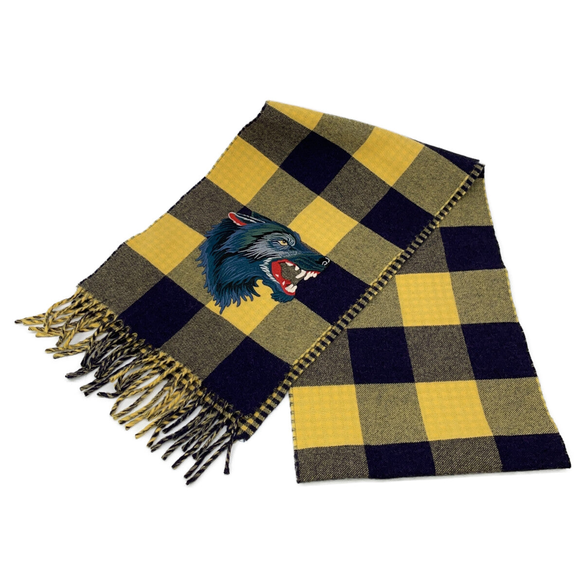 【美品/国内正品】494045 格纹狼刺绣流苏围巾 女士