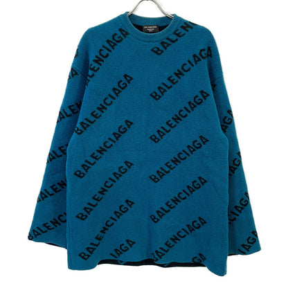 BALENCIAGA バレンシアガ ブルー×ブラック スラッシュロゴオーバーサイズクルーネックウールニット トップス