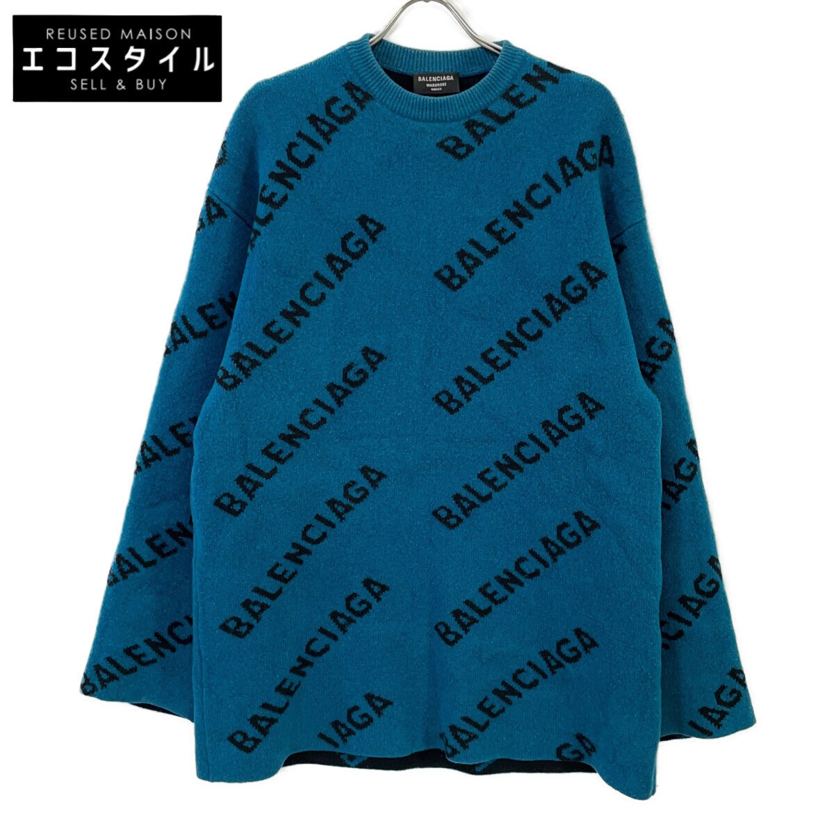 BALENCIAGA バレンシアガ ブルー×ブラック スラッシュロゴオーバーサイズクルーネックウールニット トップス