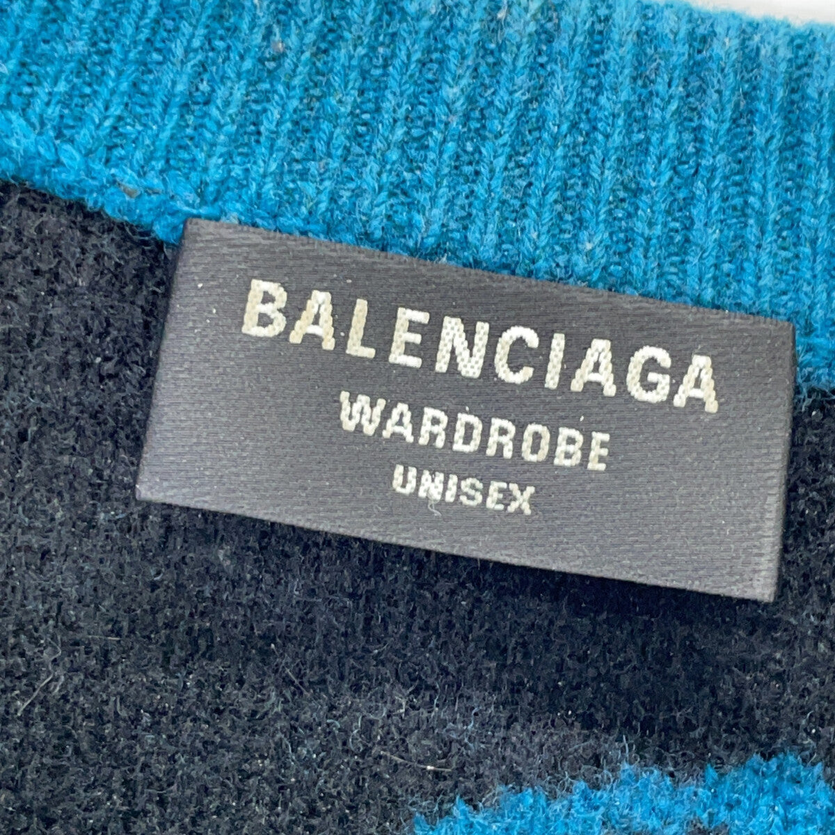 BALENCIAGA バレンシアガ ブルー×ブラック スラッシュロゴオーバーサイズクルーネックウールニット トップス