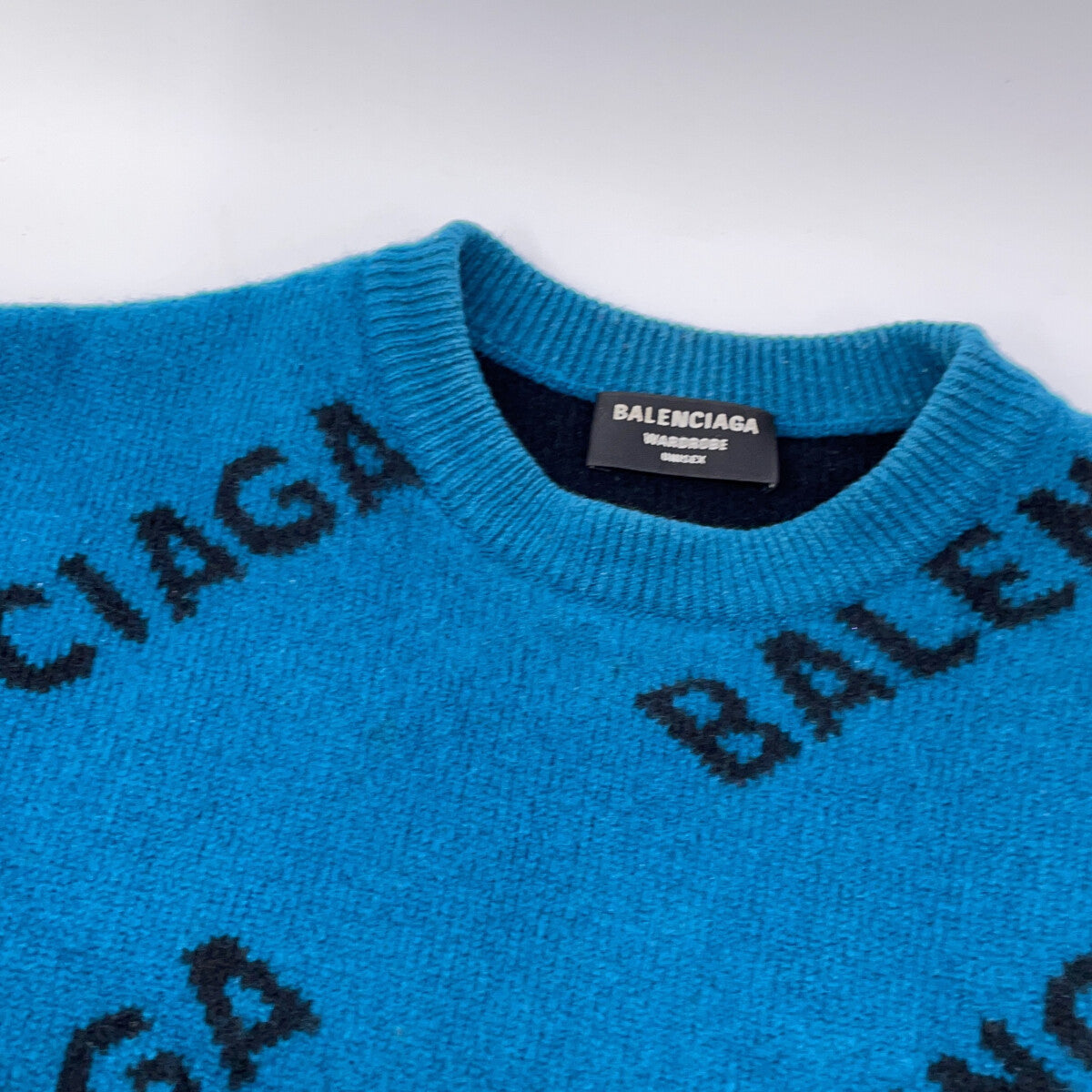 BALENCIAGA バレンシアガ ブルー×ブラック スラッシュロゴオーバーサイズクルーネックウールニット トップス