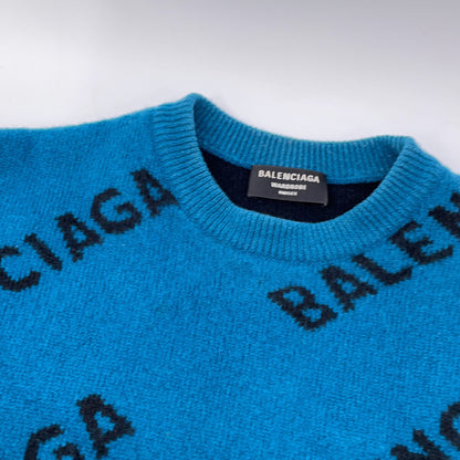 BALENCIAGA バレンシアガ ブルー×ブラック スラッシュロゴオーバーサイズクルーネックウールニット トップス