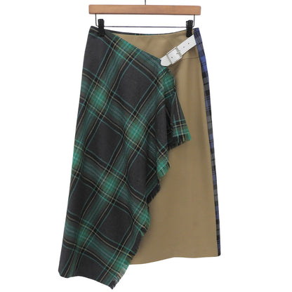 Checked 100% Worsted Wool Skirt for Women Green x Navy 38 T58377 Skirt 38 Women's
