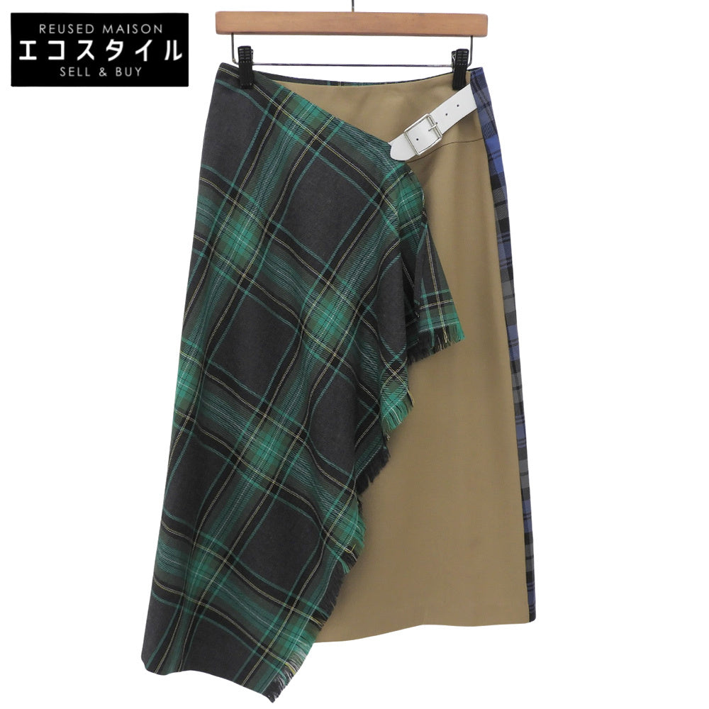 Checked 100% Worsted Wool Skirt for Women Green x Navy 38 T58377 Skirt 38 Women's