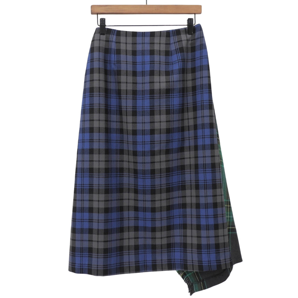 Checked 100% Worsted Wool Skirt for Women Green x Navy 38 T58377 Skirt 38 Women's