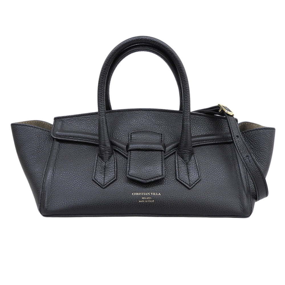 CHRISTIAN VILLA クリスチャンヴィラ 美品 レザー 2WAY ワイドハンドバッグ ショルダーバッグ レディース ブラック ハンドバッグ