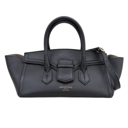 CHRISTIAN VILLA クリスチャンヴィラ 美品 レザー 2WAY ワイドハンドバッグ ショルダーバッグ レディース ブラック ハンドバッグ