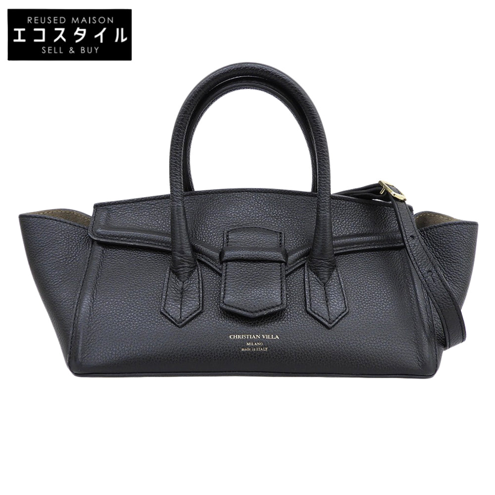 CHRISTIAN VILLA クリスチャンヴィラ 美品 レザー 2WAY ワイドハンドバッグ ショルダーバッグ レディース ブラック ハンドバッグ