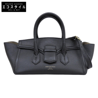 CHRISTIAN VILLA クリスチャンヴィラ 美品 レザー 2WAY ワイドハンドバッグ ショルダーバッグ レディース ブラック ハンドバッグ