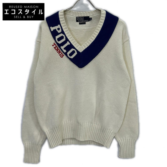 POLO RALPH LAUREN ポロ ラルフローレン ﾎﾜｲﾄ×ﾌﾞﾙｰ Vﾈｯｸ ﾃﾆｽ ﾆｯﾄ トップス 95
